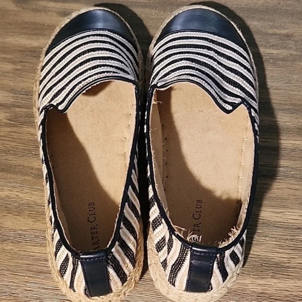 NIB Charter Club Women's Navy and Tan Stripe Espadrille Flats Size 10.5 M